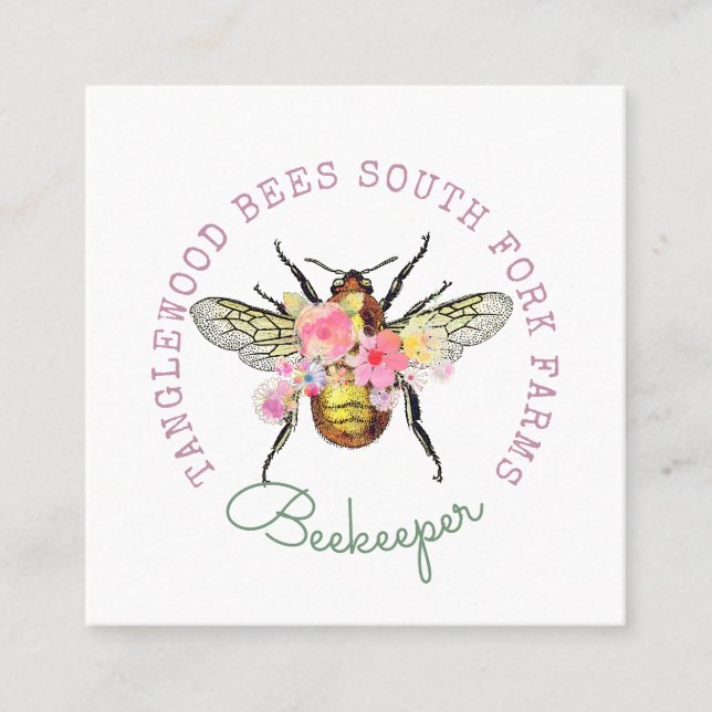 Tarjeta de visita de Honey Bee Floral Square (Anverso)