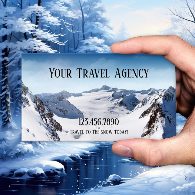 Tarjeta de visita de la agencia de viajes para dep (Business card featuring a landscape of snow covered mountains - travel - ski -  winter sports)