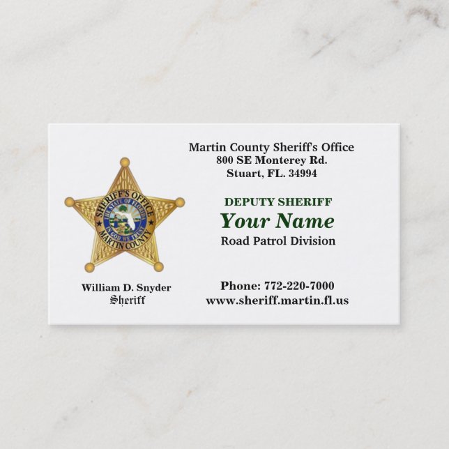 Tarjeta de visita de la oficina del sheriff del (Anverso)
