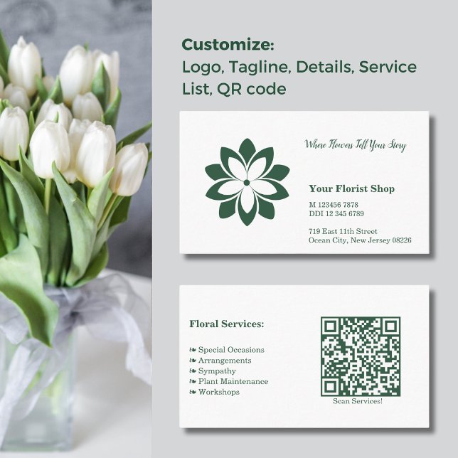Tarjeta de visita de la tienda de florística verde (Landscape White & Green Florist Shop Business Card, Custom Logo, Tagline, Details, Service, QR code)