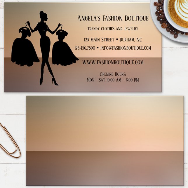 Tarjeta de visita de la tienda de moda Ladies Fash (Business card showing a silhouette of a lady with two dresses in her hands on a gradient background)