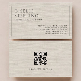 Tarjeta de visita de lino beige con código QR mode