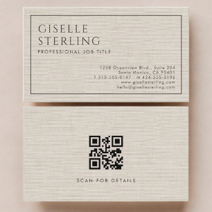 Tarjeta de visita de lino beige con código QR mode