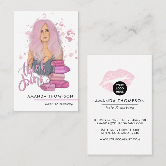 Tarjeta de visita de moda de belleza rosa chic (Anverso / Reverso)