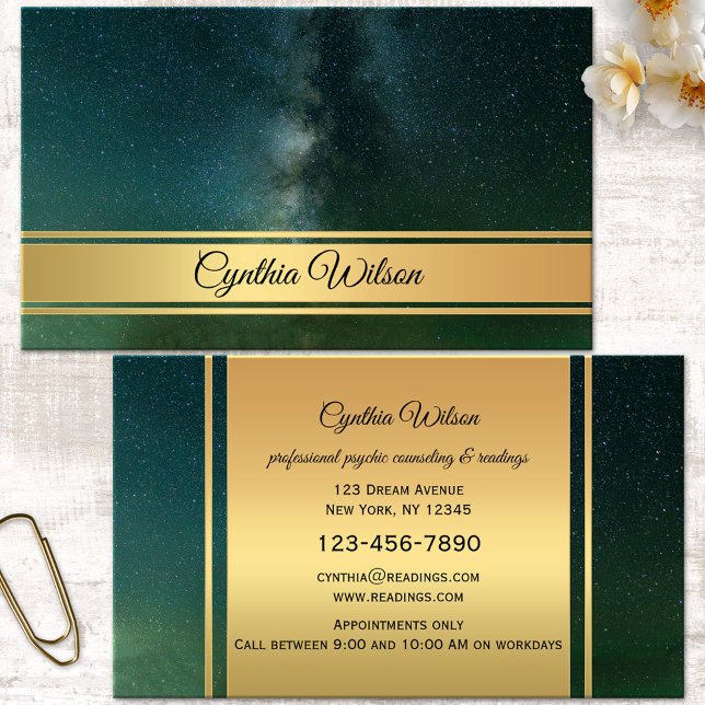 Tarjeta de visita de oro para galaxia psiquítica o (Professional spiritual medium clairvoyant or fortune teller gold celestial business card - new age)