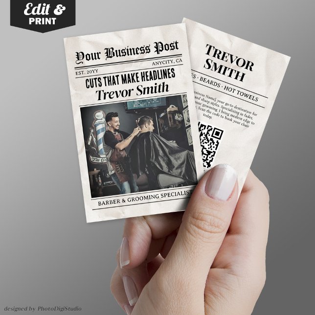 Tarjeta de visita de periódico, Barber y Grooming  (Newspaper Business Card, Barber & Grooming Stylist Calling Card)
