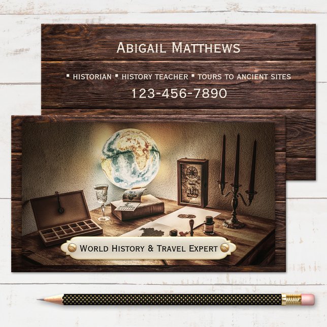 Tarjeta de visita de profesor de historia de la co (Business card featuring a vintage office scene with a globe - travel - history - antique)