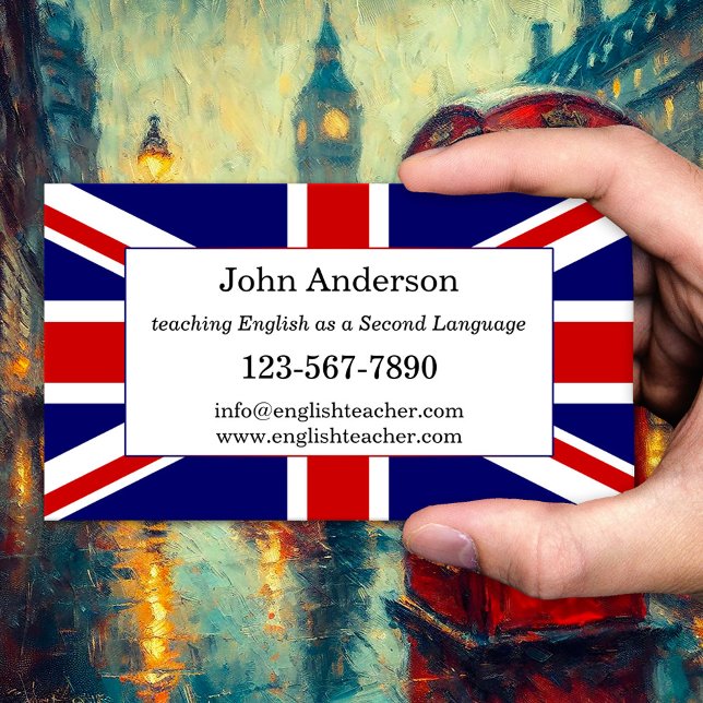 Tarjeta de visita de profesor de inglés (Business card for a teacher of the English language with the British flag)