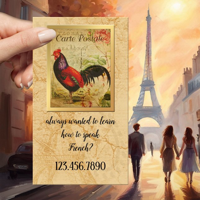 Tarjeta de visita de profesor francés y tutor (Vintage business card featuring a French postcard with a rooster - French language teacher - France)