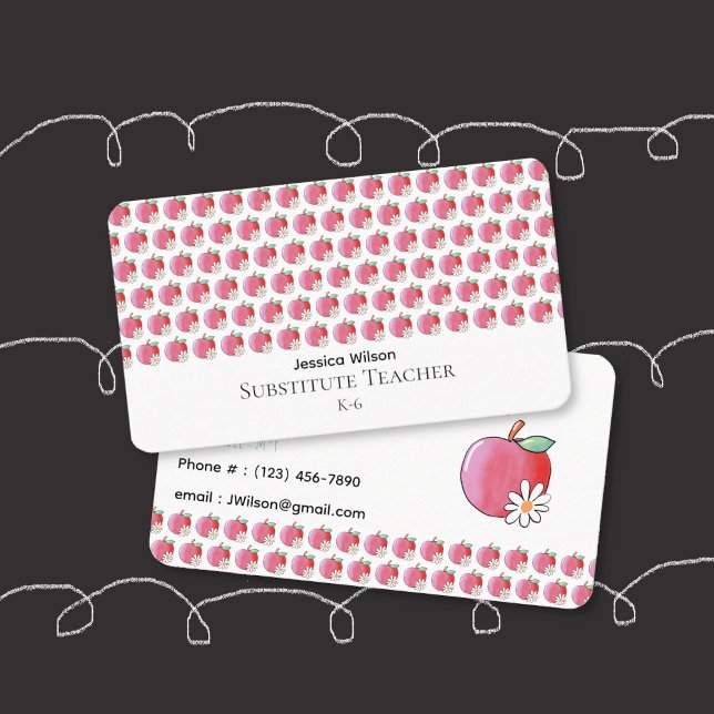 Tarjeta de visita de profesora con patrón de manza (Red apple and daisy pattern double-sided rounded business cards for educators .)