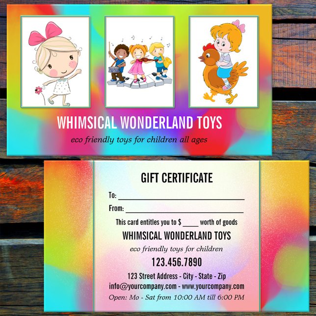 Tarjeta de visita de regalo de la tienda de juguet (Eye catching portfolio gift certificate business card with watercolor art - child toys retail shop)