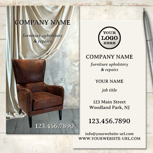Tarjeta de visita de reparación y tapicería de mob (Professional furniture upholstery or furniture repair business card featuring a vintage chair)
