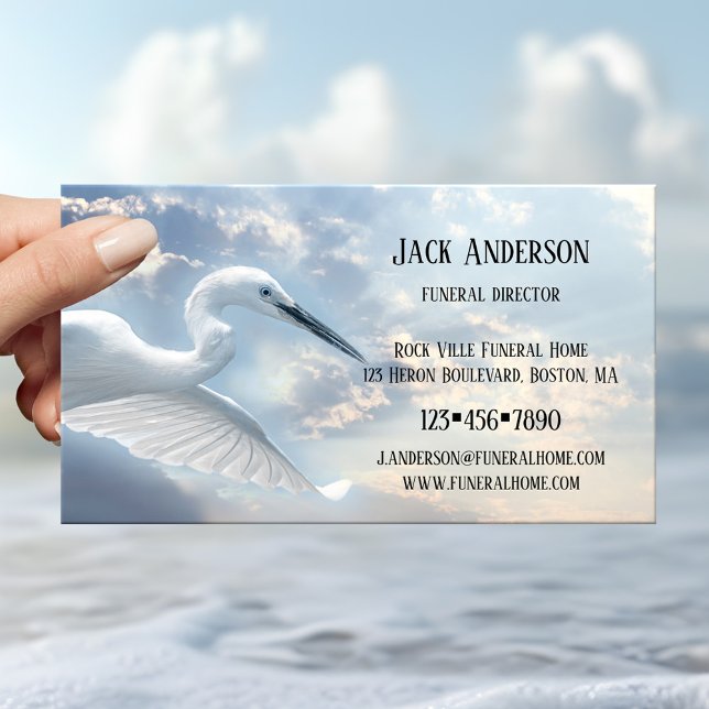 Tarjeta de visita de Sky Heron Funeral Director (Business card with a blue heron against a lightly clouded sky - undertaker - funeral - embalmer)