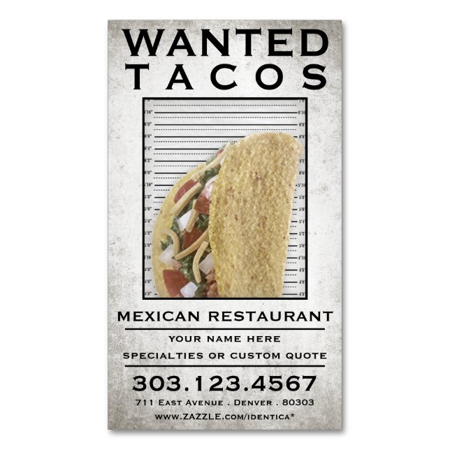 tarjeta de visita de tacos wanted poster (Frente vertical)