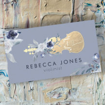 tarjeta de visita de violín con flores azules polv