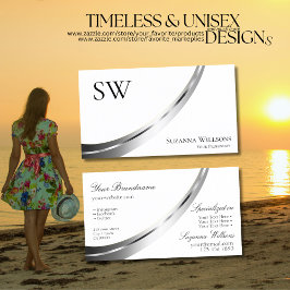 Tarjeta De Visita Decoración clásica plateada blanca con monograma