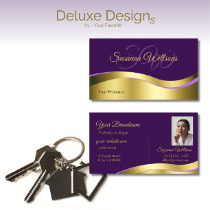 Tarjeta De Visita Decoración de oro ondulada morada real con foto in