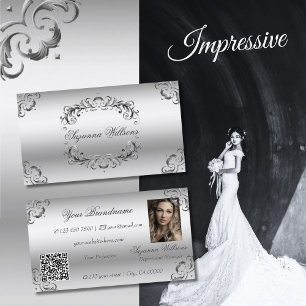 Tarjeta De Visita Decoración de plata de lujo con código de foto y Q