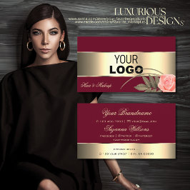 Tarjeta De Visita Decoración dorada borgoña y flor Rosa con logotipo