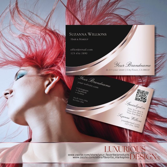 Tarjeta De Visita Decoración dorada en negro y Rosa con código QR lu (Subido por el creador)