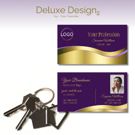 Tarjeta De Visita Decoración dorada Royal Purple Wavy con logotipo y
