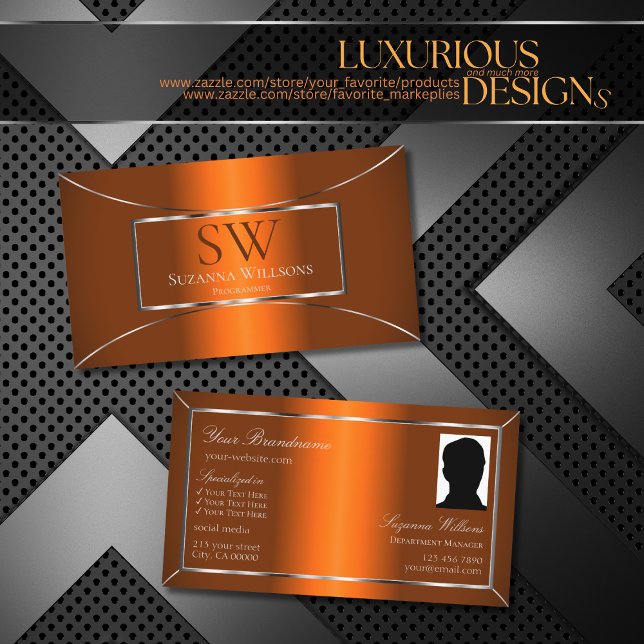 Tarjeta De Visita Decoración plateada Naranja luminosa con monograma (Subido por el creador)