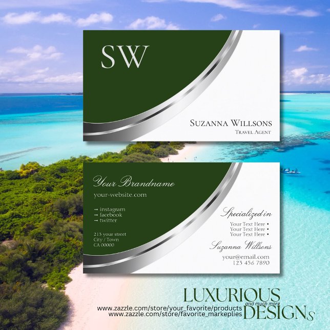 Tarjeta De Visita Decoración verde y blanca plateada con monograma (Subido por el creador)