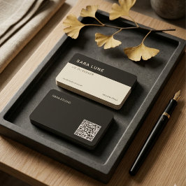 Tarjeta De Visita Deep Black Japandi Minimal QR Code Designer Studio