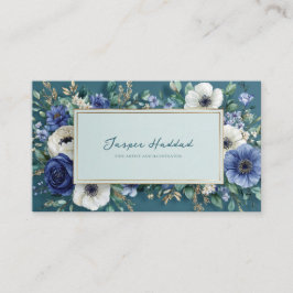 Tarjeta De Visita Deep Teal Blue Floral Gold Frame Watercolor