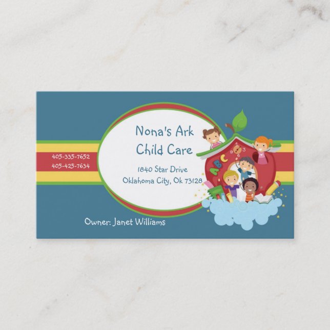 Tarjeta de visita del cuidado de niños de la arca (Anverso)