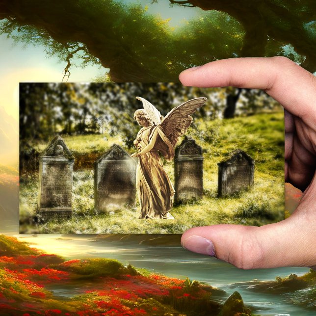 Tarjeta de visita del director funerario del cemen (Business card with an image of an angel blessing the deceased on the cemetery - undertaker - funeral)