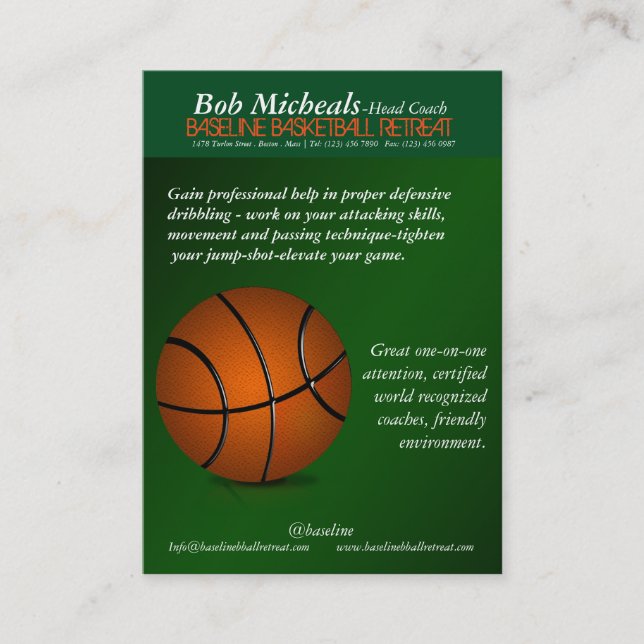 Tarjeta de visita del entrenador de baloncesto (Anverso)