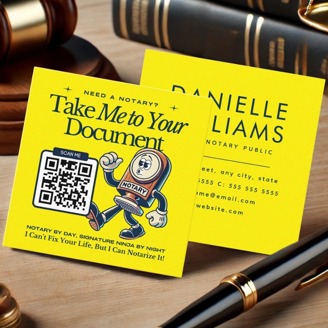 Tarjeta de visita del Notario de código QR amarill (Yellow QR Code Notary Business Card - Take Me to Your Document Theme)
