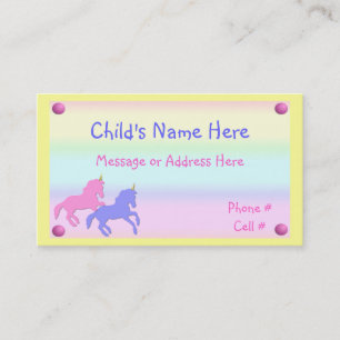 Tarjeta de visita del unicornio de los niños