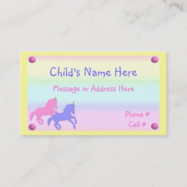 Tarjeta de visita del unicornio de los niños (Anverso)