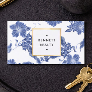 Tarjeta De Visita Delft Azul Floral Agente Inmobiliario Elegante
