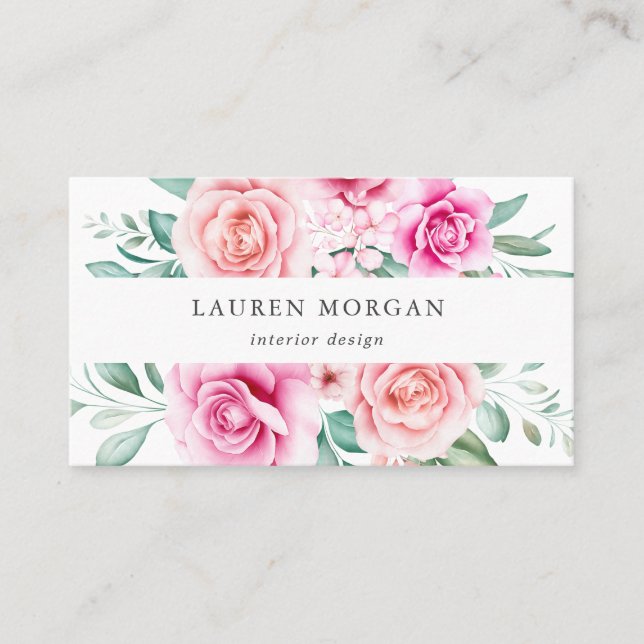 Tarjeta De Visita delicado jardín de rosas rosadas florales (Anverso)