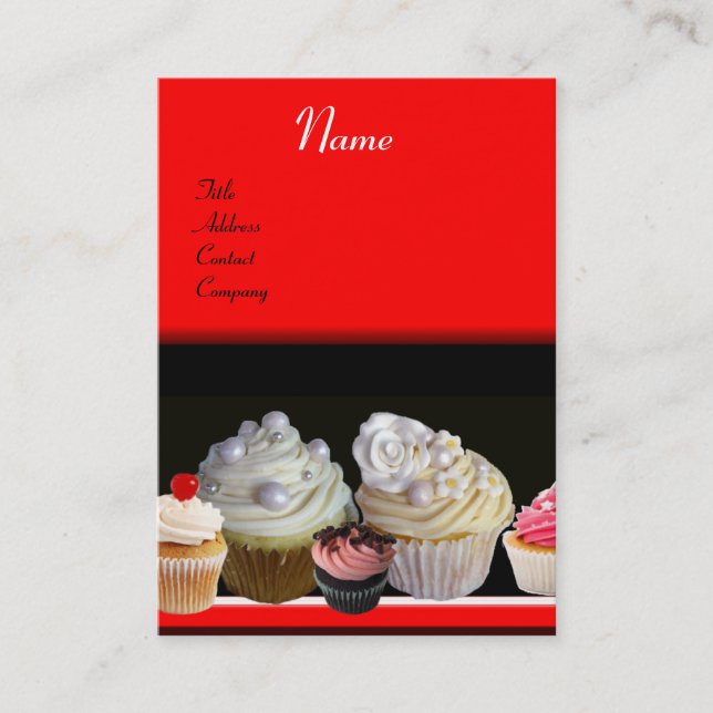 Tarjeta De Visita DELICIOSOS CUPCAKES DESIERTOS, rojo negro (Anverso)