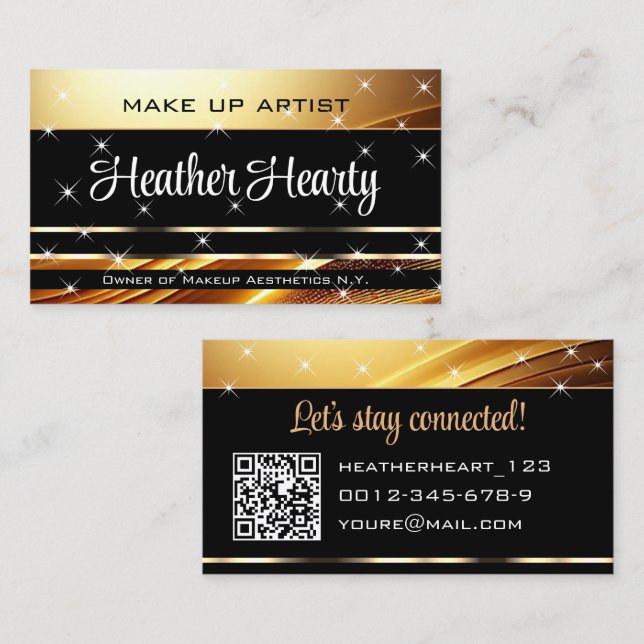 Tarjeta De Visita Deluxe Golden Black Sparkle Stars Ombre QR Code (Anverso / Reverso)