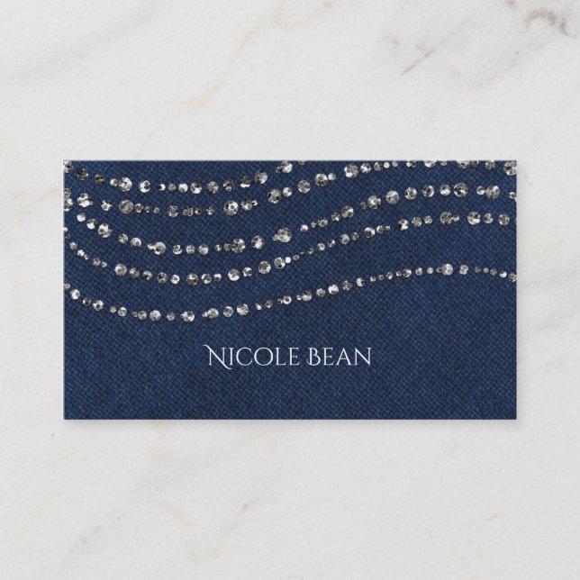 Tarjeta De Visita Denim Azul y Diamonds Faux Sparkle Bling (Anverso)