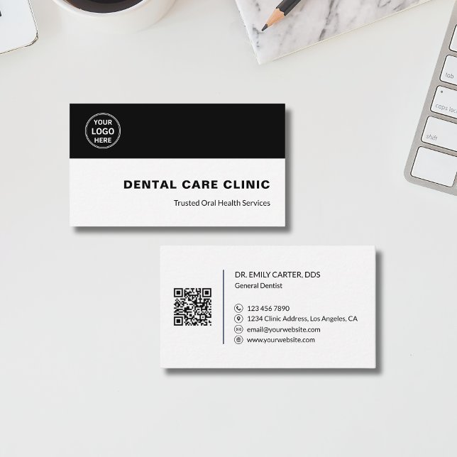 Tarjeta De Visita Dental Clinic Dentist Custom Logo QR Code Black (Dental Clinic Dentist Custom Logo QR Code Black Business Card)