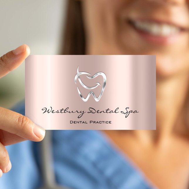 Tarjeta De Visita Dental Studio Smile Logotipo Rosa Dentista Plata (Dental Studio Smile Logo Silver Rose Dentist Business Card)
