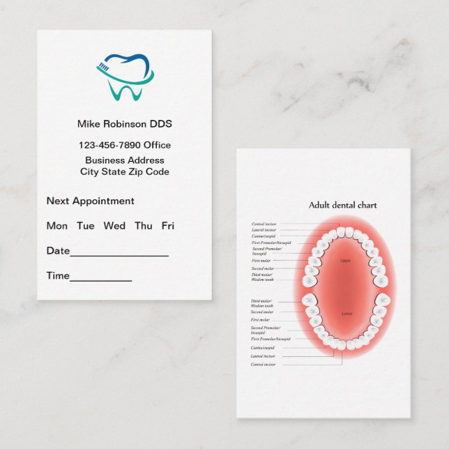 Tarjeta De Visita Dentist Appointment And Tooth Chart Busines (Anverso / Reverso)