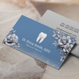 Tarjeta De Visita Dentist Luxury Silver Floral Blue Dental Care