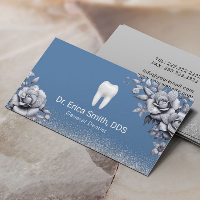 Tarjeta De Visita Dentist Luxury Silver Floral Blue Dental Care (Subido por el creador)