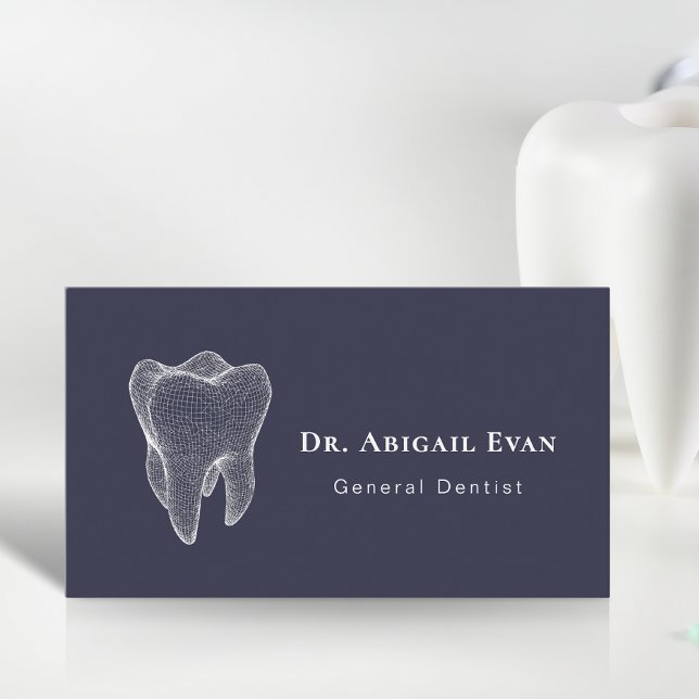 Tarjeta De Visita Dentista Azul Marino Profesional Moderno 3D Diente (Modern 3D Tooth Professional Navy Blue Dentist Business Card)