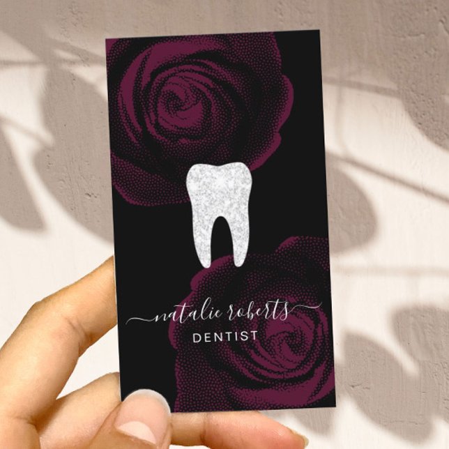 Tarjeta De Visita Dentista Diente Borgoña Red Floral Dental Office (Subido por el creador)