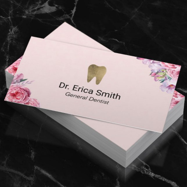 Tarjeta De Visita Dentista Rubor Pink Floral Gold Tooth Dental Care (Subido por el creador)
