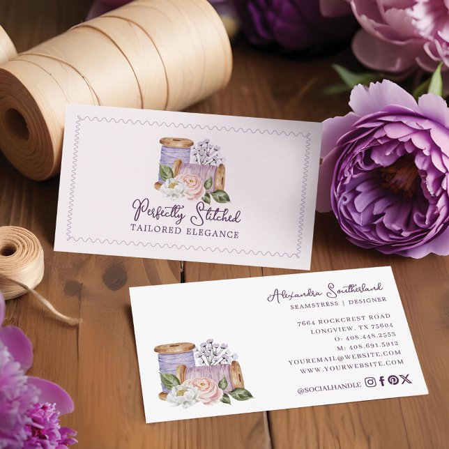 Tarjeta De Visita Depósito de madera de coser floral acuático (Watercolor Floral Sewing Wooden Spools Tailor Business Card)