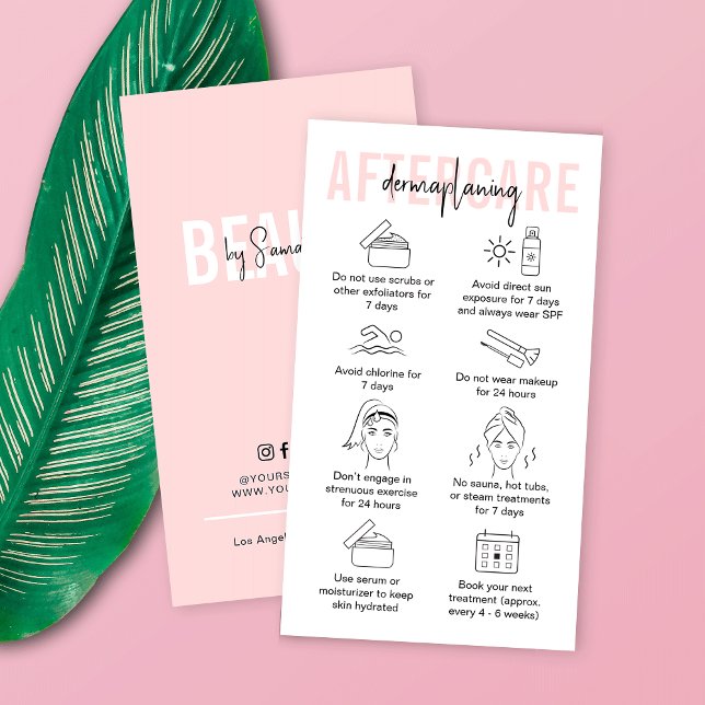 Tarjeta De Visita Dermaplaning Aftercare Guide Cosmetólogo Rosa (Modern dermaplaning facial treatment aftercare cards in pink and white with care icons)